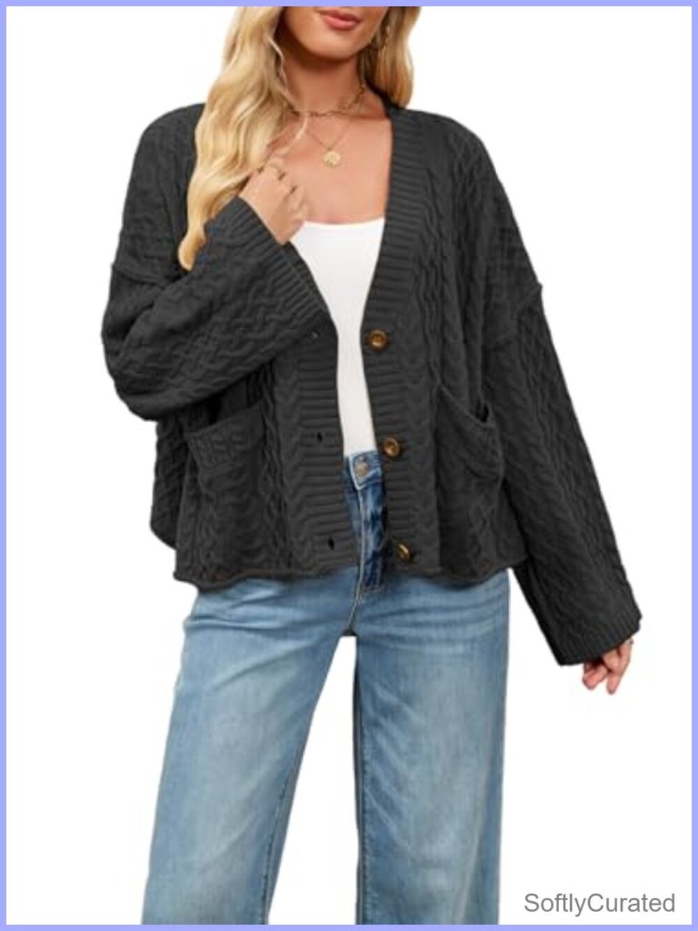 Women Button Up Cable Knit Cardigan Oversized Knitted Sweater with Pockets